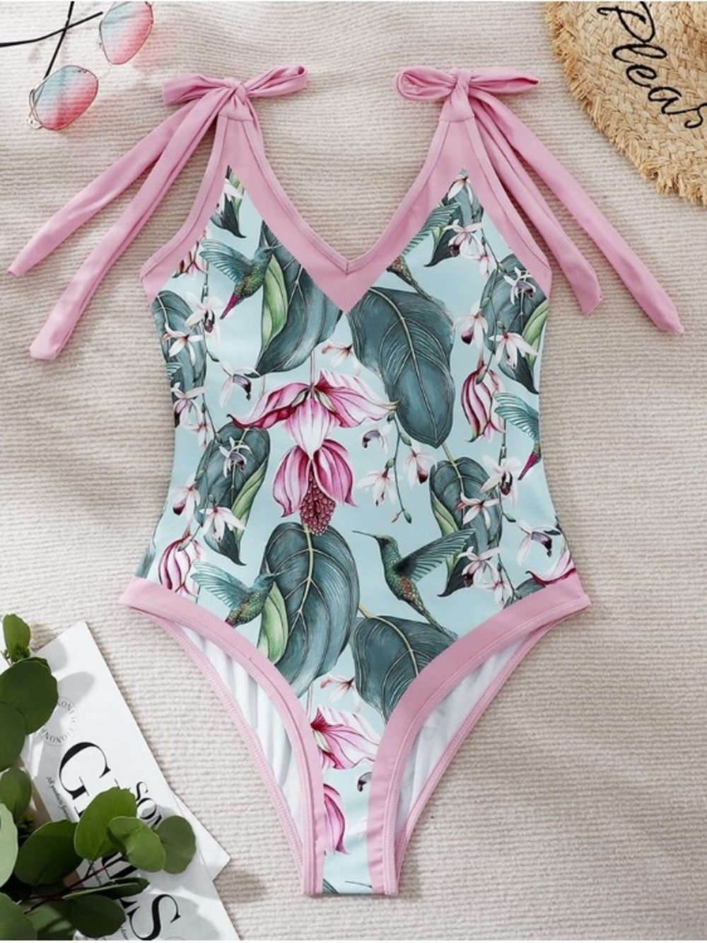 Blue Floral Tropical One-Piece Swimsuit in Pink Trim, Women’s Size Small, V-neck
